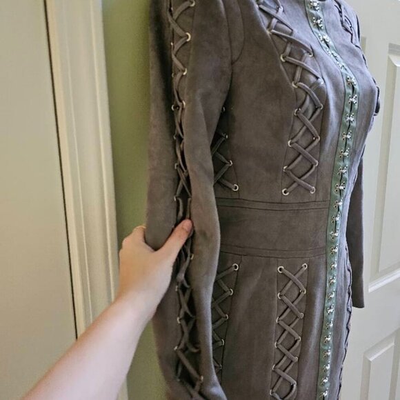 House of CB London Gray Suede Mini Tomasaa Lace-Up Dress Size Small - Picture 11 of 14